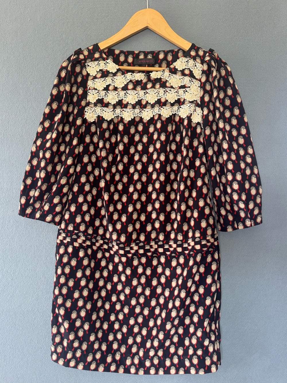 Aphrodite Bird Print Beaded Lace Mini Dress S boutique Vintage inspired